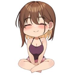  absurdres blush breasts brown_hair chibi cleavage closed_eyes closed_mouth colored_inner_hair dangle_earrings earrings female highres jewelry large_breasts mole mole_under_eye multicolored_hair ol-chan_(udon) original short_hair simple_background sitting smile solo udon_(udonalium) v_arms white_background 