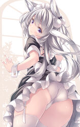  animal_ears blush cat_ears cat_tail commentary_request female from_behind garter_straps grey_hair highres long_hair looking_at_viewer maid original panties purple_eyes ryo_(botugo) solo tail thighhighs underwear white_panties white_thighhighs wrist_cuffs 