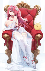  absurdres aqua_nails arm_under_breasts armchair azur_lane bare_shoulders breasts bremerton_(azur_lane) bremerton_(joyride_of_love)_(azur_lane) bridal_veil chair chinese_commentary choker cleavage collarbone commentary_request detached_sleeves dress english_commentary female fingernails flower grey_footwear hair_between_eyes hair_flower hair_intakes hair_ornament hand_on_own_arm high_heels highres huge_breasts jewelry kafeifeifeifeifeifei_jiemo_jun knees long_hair looking_at_viewer manjuu_(azur_lane) mixed-language_commentary multicolored_hair nail_polish official_alternate_costume on_chair open_mouth pink_hair red_eyes red_ribbon ribbon ring sitting smile solo sparkle strapless strapless_dress streaked_hair striped striped_ribbon teeth thighhighs thighs two-tone_hair upper_teeth_only veil wedding_dress wedding_ring white_choker white_dress white_flower white_sleeves white_thighhighs white_veil 