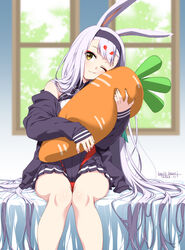  absurdres animal_ears azur_lane bare_legs black_hairband black_jacket black_skirt blurry blurry_background closed_mouth commentary dated dated_commentary depth_of_field feet_out_of_frame female hairband highres hugging_object indoors jacket long_hair long_sleeves miniskirt one_eye_closed pleated_skirt rabbit_ears rabbit_girl shimakaze_(azur_lane) signature sitting skirt sleeves_past_wrists solo stuffed_carrot umyonge_(lkakeu) very_long_hair white_hair yellow_eyes 