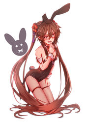  absurdres animal_ears arm_strap bare_shoulders black_hairband black_leotard blush breasts brown_hair collarbone covered_navel fake_animal_ears fall4592 female fishnet_pantyhose fishnets full_body genshin_impact hair_ribbon hairband highres hu_tao_(genshin_impact) kneeling leotard long_hair looking_at_viewer neck_ribbon open_mouth pantyhose playboy_bunny purple_ribbon rabbit_ears red_eyes red_ribbon ribbon small_breasts solo strapless strapless_leotard symbol-shaped_pupils thigh_strap twintails very_long_hair white_background wrist_cuffs 