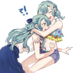  !? 2girls akni aqua_hair bang_dream! blue_nails blue_skirt blush braid closed_eyes denim_bikini face_to_breasts flower flower_braid green_eyes hair_flower hair_ornament hikawa_hina hikawa_sayo hug incest long_hair multiple_girls open_mouth shirt short_hair siblings sisters skirt smile surprised swimsuit twincest twins white_background white_shirt yuri 