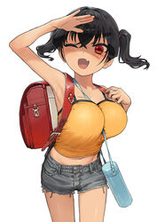  ;d armpits backpack bag between_breasts blush breasts camisole commentary_request female gaki_kyonyuu grey_shorts hair_between_eyes highres kaedeko_(kaedelic) large_breasts looking_at_viewer midriff navel oerba_yun_fang one_eye_closed oppai_loli randoseru sasaki_kanna_(kaedeko) short_hair shorts simple_background skin_fang smile solo standing strap_between_breasts thighs twintails white_background yellow_camisole 