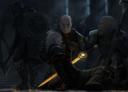  absurdres alex_cristi armor bald blonde_hair cradling dawnguard_(skyrim) fog glowing glowing_sword glowing_weapon helmet highres hood human_scabbard indoors leather_armor looking_at_another medium_hair multiple_boys multiple_girls pauldrons shoulder_armor stairs the_elder_scrolls the_elder_scrolls_v:_skyrim thick_eyebrows weapon 