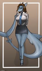  2023 absurd_res anthro blue_body bottomwear brown_hair clothing digital_media_(artwork) female fish footwear green_eyes hair hardenonn hi_res marine moles necktie office_clothing office_lady shark shark_fin shark_tail shirt shoes skirt solo topwear 