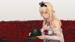  bare_shoulders black_headwear blonde_hair blue_eyes breasts brodie_helmet check_commentary cleavage combat_helmet commentary_request crown dress female flower helmet highres holding holding_helmet kantai_collection mini_crown odachu off-shoulder_dress off_shoulder poppy_(flower) red_flower remembrance_day solo upper_body warspite_(kancolle) white_dress 