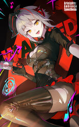  ambience_synesthesia arknights black_pantyhose copyright_name demon_girl demon_horns female grey_hair highres horns long_sleeves looking_at_viewer official_alternate_costume open_mouth pamipamu pantyhose short_hair smile solo torn_clothes torn_pantyhose w_(arknights) w_(wanted)_(arknights) 