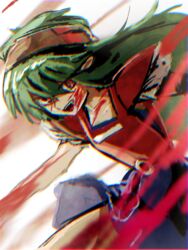  1other androgynous armor blood blood_on_arm blood_on_face blue_skirt breastplate chromatic_aberration commentary_request green_hair hair_between_eyes hemo_(hemoroda) len&#039;en long_hair oerba_yun_fang open_mouth other_focus red_eyes shoulder_armor skirt solo taira_no_fumikado 