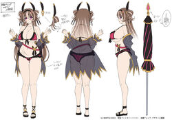  ass beach_umbrella belt bikini black_jacket breasts commentary commentary_request copyright_name female frilled_bikini frills full_body hair_ornament hairband horns jacket jacket_partially_removed jewelry kyonyuu_fantasy kyonyuu_fantasy_burst large_breasts micro_bikini multiple_views navel pink_bikini reference_sheet saijou_satoru sandals see-through see-through_jacket shoulder_blades skindentation swimsuit theresia_(kyonyuu_fantasy_burst) umbrella white_background 