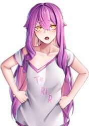  absurdres clothes_writing collarbone commentary_request female highres honkai_(series) honkai_impact_3rd long_hair looking_at_viewer open_mouth purple_hair pyeong-il_pyeongil shirt short_sleeves simple_background single_bare_shoulder sirin solo upper_body very_long_hair white_background white_shirt yellow_eyes 