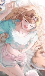  absurdres ahoge blonde_hair blue_bow blue_shirt blush bow braid breasts character_doll closed_eyes cropped_shirt female hairbow highres hololive hololive_friends_(plush) hoshimachi_suisei hoshimachi_suisei_(1st_costume) kazama_iroha kazama_iroha_(streetwear) mask mask_on_head official_alternate_costume open_mouth outerrace_ik pink_shorts pokobee shirt short_shorts shorts single_braid sleep_mask sleeping small_breasts virtual_youtuber 