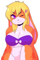  2:3 anthro bikini bikini_top blonde_hair clothing female fur hair lagomorph leporid looking_at_viewer mammal one_eye_closed orange_body orange_fur pinup pose purple_eyes rabbit satanickpaws simple_background smile solo swimwear tangobunny white_background wink winking_at_viewer 