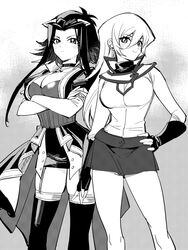  2girls breasts cleavage commentary_request crossed_arms duel_academy_uniform_(yu-gi-oh!_gx) elbow_gloves fingerless_gloves gloves greyscale hair_between_eyes hand_on_own_hip izayoi_aki jiayu_long large_breasts looking_at_viewer monochrome multiple_girls skirt smile tenjouin_asuka thighhighs yu-gi-oh! yu-gi-oh!_5d&#039;s yu-gi-oh!_gx 