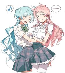  ... 2girls ahoge blue_hair blush closed_eyes closed_mouth ensemble_stars! genderswap_(mtf) highres hisu_(hiss_1107) itsuki_shu multiple_girls musical_note open_mouth pink_hair plaid plaid_skirt rule_63 school_uniform shinkai_kanata shirt short_sleeves skirt spoken_ellipsis spoken_musical_note teeth white_shirt 