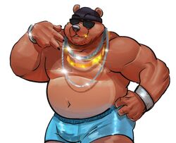  2023 anthro beanie bear big_bulge blue_clothing blue_underwear brown_body bulge chubby_cheeks clock clothed clothing eyewear gesture glistening glistening_jewelry gold_(metal) gold_tooth hand_gesture hand_on_hip hat headgear headwear hi_res jewelry male mammal musclegut muscular navel necklace overweight overweight_male portrait pose said_the_saisio shutter_shades silver_(metal) silver_jewelry silver_necklace solo sparkles text text_on_clothing text_on_underwear three-quarter_portrait topless underwear v_sign watch wristwatch 