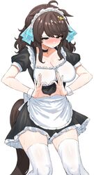  absurdres ahoge alternate_costume animal_ears black_hair blush breasts cleavage commentary_request daring_tact_(umamusume) embarrassed enmaided female hair_ornament heart heart_hands highres horse_ears horse_girl horse_tail kumiyabe maid maid_headdress medium_breasts medium_hair open_mouth solo sweat tail thighhighs umamusume white_background 