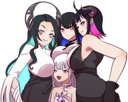  4girls :d absurdres aqua_hair aradia_ravencroft bare_shoulders black_gloves black_hair blue_hair breast_rest breasts breasts_on_head chest_jewel colored_inner_hair demon_girl gloves height_difference highres hololive hololive_english holykoshi horns koseki_bijou koseki_bijou_(1st_costume) large_breasts long_hair malpha_ravencroft mole mole_under_eye multicolored_hair multiple_girls nerissa_ravencroft one_eye_closed open_mouth pink_eyes pink_hair purple_eyes short_hair siblings simple_background sisters sleeveless smile very_long_hair virtual_youtuber wavy_hair white_background yuri 