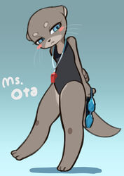  2023 absurd_res anthro black_clothing black_swimwear blue_background blue_eyes blush blush_stickers clothing el-k english_text eyewear female fur goggles hi_res holding_object kemono mammal ms._ota_(el-k) mustelid narrowed_eyes one-piece_swimsuit otter simple_background solo swimwear tail tan_body tan_fur text whiskers whistle_(object) 