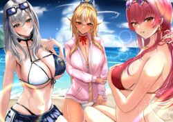  3girls adjusting_hair beach bikini bikini_skirt black_bikini blue_skirt blue_sky blush breasts choker cleavage dark-skinned_female dark_skin earrings eyewear_on_head gold_earrings gold_necklace heart heart-shaped_eyewear heart_necklace heterochromia highleg highleg_bikini highres hololive houshou_marine houshou_marine_(summer) jacket jewelry large_breasts long_hair looking_at_viewer medium_hair multiple_girls necklace official_alternate_costume pink_jacket pointy_ears red_bikini red_choker ribbon_choker shiranui_flare shiranui_flare_(4th_costume) shirogane_noel shirogane_noel_(summer_2020) sideboob single_earring skirt sky sunglasses swimsuit two-tone_bikini uchi1048 virtual_youtuber water white_bikini 