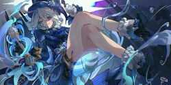  :3 ahoge asymmetrical_gloves black_footwear black_gloves black_shorts blue_dress blue_eyes blue_hair blue_hat bubble buzhidaojiaoshenmekoua closed_mouth crossed_legs dress drop-shaped_pupils female full_body furina_(genshin_impact) genshin_impact gloves hair_between_eyes hat heterochromia high_heels highres holding holding_sword holding_weapon long_sleeves looking_at_viewer mismatched_gloves multicolored_hair shorts signature sitting solo splendor_of_tranquil_waters_(genshin_impact) streaked_hair sword symbol-shaped_pupils top_hat two-tone_hair weapon white_gloves white_hair 