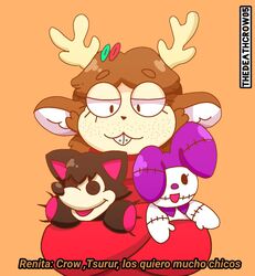  anthro antlers braces brown_body brown_hair buckteeth clothing crow_(thedeathcrow) deer doll female freckles hair horn mammal orange_background pupils renita_reed_(character) simple_background solo spanish_text sweater teeth text thedeathcrow05 topwear 