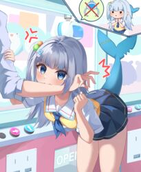  absurdres biting_arm bloop_(gawr_gura) blue_eyes blue_hair blue_nails blue_necktie blue_skirt blush breasts cet_(hajisirazunoko) crane_game female fins fish_tail gawr_gura gawr_gura_(school_uniform) grey_hair hair_ornament highres hololive hololive_english looking_at_viewer medium_hair multicolored_hair nail_polish necktie oerba_yun_fang official_alternate_costume one_side_up rabbit_hair_ornament shark_girl shark_tail shirt skin_fang skirt small_breasts smile streaked_hair tail tail_raised vest virtual_youtuber white_shirt yellow_vest 