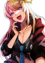  :d absurdres black_jacket black_shirt blonde_hair blue_necktie breasts cleavage commentary cropped_jacket female front-tie_top hair_ornament hand_on_headphones headphones headphones_around_neck highres jacket jewelry kotoka_torahime large_breasts lightning_bolt_hair_ornament lightning_bolt_symbol long_hair multicolored_clothes multicolored_hair multicolored_jacket necklace necktie nijisanji nijisanji_en open_mouth pink_hair pink_jacket shirt smile solo split-color_hair symbol-only_commentary tokitsu_(0nemui7) two-tone_hair virtual_youtuber x_hair_ornament 