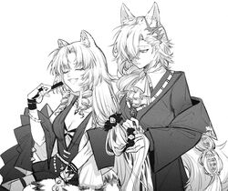  2girls animal_ears arknights ascot breasts brushing_hair cang_canggg censored cleavage closed_eyes coat dress drill_hair drill_sidelocks folded_fan folding_fan greyscale hair_between_eyes hair_ornament hair_over_one_eye hand_fan hand_in_another&#039;s_hair hands_in_hair highres holding holding_another&#039;s_hair holding_fan layered_sleeves long_hair long_sleeves mole mole_above_eye monochrome multiple_girls oerba_yun_fang off_shoulder official_alternate_costume open_clothes open_coat open_mouth penance_(arknights) sidelocks simple_background small_breasts swire_(arknights) swire_the_elegant_wit_(arknights) tail tiger_ears tiger_girl tiger_tail tying_another&#039;s_hair tying_hair very_long_hair white_background wolf_ears wolf_girl wolf_tail 