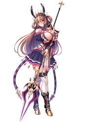  armor asymmetrical_armor backless_outfit bare_shoulders between_breasts bikini blush boots breasts breasts_squeezed_together brown_hair commentary commentary_request detached_sleeves female frown full_body greaves hair_between_eyes hair_rings hairband highres holding holding_staff horns jewelry knee_boots kyonyuu_fantasy kyonyuu_fantasy_burst long_hair mage_staff micro_bikini multicolored_hair nail_polish navel official_art pauldrons pink_eyes pleated_skirt puffy_sleeves sabaton saijou_satoru see-through see-through_skirt shoulder_armor showgirl_skirt single_pauldron skirt solo staff streaked_hair swimsuit theresia_(kyonyuu_fantasy_burst) thighhighs thong thorns undersized_breast_cup very_long_hair white_background white_hair 