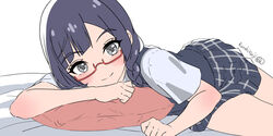  akiyama_(yehonatan) black_hair blue_shirt braid cushion female glasses grey_eyes long_hair looking_at_viewer love_live! love_live!_nijigasaki_high_school_idol_club low_twin_braids lying nakagawa_nana nijigasaki_school_uniform plaid plaid_skirt red-framed_eyewear school_uniform semi-rimless_eyewear shirt short_sleeves skirt smile solo summer_uniform twin_braids upper_body white_background yuki_setsuna_(love_live!) 