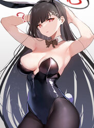  ? alternate_costume animal_ears arito_arayuru armpits arms_behind_head black_bow black_bowtie black_hair black_leotard black_pantyhose blue_archive bow bowtie breasts bright_pupils cowboy_shot detached_collar fake_animal_ears fake_tail female hair_ornament hairpin halo highres large_breasts leotard long_hair looking_at_viewer open_mouth pantyhose playboy_bunny presenting_armpit rabbit_ears rabbit_tail red_eyes rio_(blue_archive) sideboob simple_background solo strapless strapless_leotard tail white_background white_pupils 