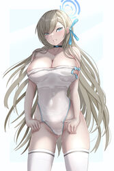  adjusting_clothes adjusting_swimsuit alternate_costume asuna_(blue_archive) asymmetrical_bangs blue_archive blue_eyes breasts clothes_pull female hair_ribbon halo highleg highleg_swimsuit huge_breasts light_brown_hair long_hair looking_at_viewer mashinatsu mole mole_on_breast one-piece_swimsuit one-piece_swimsuit_pull ribbon solo standing swimsuit thighhighs wet wet_clothes wet_swimsuit white_thighhighs 