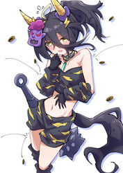  ahoge animal_print black_gloves black_hair choker club_(weapon) coffee_beans crop_top female gloves hair_ornament horns horse_girl horse_tail lightning_bolt_hair_ornament lightning_bolt_symbol long_hair looking_at_viewer manhattan_cafe_(umamusume) mask multicolored_hair navel nodachi_(artist) oni oni_horns oni_mask ponytail shorts solo spiked_club stomach tail tiger_print two-tone_hair umamusume weapon white_background white_hair 