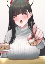  black_hair black_halo blue_archive blunt_bangs blush breast_rest breasts breasts_on_table bright_pupils cipher4109 english_commentary female fork halo hands_up holding holding_fork holding_plate incoming_food long_hair looking_at_viewer mechanical_halo open_mouth plate reaching reaching_towards_viewer red_eyes ribbed_sweater rio_(blue_archive) simple_background solo sweater teeth upper_body upper_teeth_only white_background white_pupils white_sweater 