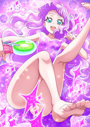  2023 :d bare_legs barefoot blue_eyes censored commentary_request cure_majesty dated dress ellee-chan feet female floating_hair from_below hanzou highres hirogaru_sky!_precure holding index_finger_raised lens_flare long_hair looking_at_viewer no_panties open_mouth pink_dress pink_hair precure short_dress sleeveless sleeveless_dress smile soles solo sparkle twitter_username watermark 