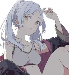  black_robe breasts brown_eyes collarbone commentary crop_top female fingernails fire_emblem fire_emblem_awakening grey_tank_top long_hair looking_at_viewer medium_breasts menoko off_shoulder robe robin_(female)_(fire_emblem) robin_(fire_emblem) simple_background solo swept_bangs tank_top twintails white_background white_hair 