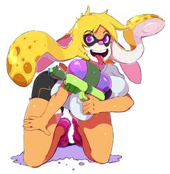  2015 absurd_res animal_humanoid anthro blonde_hair bottomwear cephalopod cephalopod_humanoid clothing cosplay female fur hair hi_res humanoid ink inkling inkling_girl lagomorph leporid maiz-ken mammal marine marine_humanoid mollusk mollusk_humanoid nintendo orange_body orange_fur paint_gun purple_eyes rabbit shirt shorts solo splatoon splattershot t-shirt tangobunny tongue tongue_out topwear toy toy_gun water_gun 