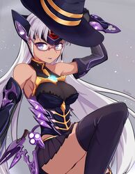  artist_name bare_shoulders black_headwear breasts chest_jewel cleavage commentary_request dark-skinned_female dark_skin detached_sleeves elbow_gloves female glasses gloves highres long_hair looking_at_viewer makibane_(mkbane) purple_eyes simple_background smile solo t-elos t-elos_re: thighhighs very_long_hair white_hair xenoblade_chronicles_(series) xenoblade_chronicles_2 