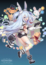  animal_ears arms_up artist_request ass balloon bandage_over_one_eye bandaged_head bandaged_leg bandages black_shorts blue_eyes blue_hair boots copyright_name doll_joints ear_tag elbow_gloves female from_behind full_body gloves hat highres joints leg_up legs little_witch_nobeta long_hair looking_back monica_(little_witch_nobeta) official_art open_mouth rabbit_ears scarf sharp_teeth short_shorts shorts sideless_outfit smile socks standing standing_on_one_leg striped_clothes striped_footwear striped_socks stuffed_animal stuffed_cat stuffed_rabbit stuffed_toy tabard teddy_bear teeth thighs top_hat very_long_hair white_footwear white_gloves white_tabard wind wind_lift 