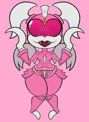  alien armor claws cybernetics cyborg fangs fatalafterdark female girly_galrin godziban godzilla_(series) happy hi_res kaiju machine pink_armor pink_background pink_sclera simple_background solo teeth toho visor wings young 