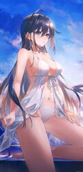  absurdres barefoot bikini black_hair breasts commentary female foot_out_of_frame hair_between_eyes halterneck highres long_hair looking_ahead medium_breasts navel original sky solo star_(sky) starry_sky swimsuit swkl:d symbol-only_commentary white_bikini 