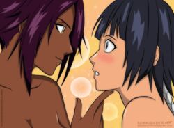  2girls artist_request black_eyes black_hair bleach blush breasts clenched_teeth closed_mouth couple dark-skinned_female dark_skin duo eye_contact female female/female female_only interracial interracial_yuri looking_at_another love multiple_females multiple_girls naughty_face neck nude nude_female purple_hair shihouin_yoruichi smile soifon surprised teacher_and_student teeth upper_body yuri 