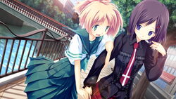  2girls arm_hug asase_mari black_shirt blonde_hair blush bow dress_shirt dutch_angle fue_(tsuzuku) fukami_yurie game_cg goth_fashion green_eyes hair_ornament hairbow hairclip highres multiple_girls necktie open_mouth outdoors plaid plaid_skirt plant ponytail purple_eyes purple_hair school_uniform serafuku shirt short_hair short_ponytail skirt smile tree volume7 