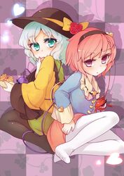  2girls back-to-back black_pantyhose commentary_request eating flower food fruit green_eyes green_hair hairband hands heart heart-shaped_pupils highres komeiji_koishi komeiji_satori multiple_girls orange_(fruit) pantyhose pink_eyes pink_hair red_flower red_rose rose sacha short_hair siblings sisters symbol-shaped_pupils third_eye touhou white_pantyhose 