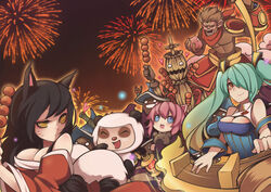  2girls ahri_(league_of_legends) animal_ears annie_(league_of_legends) black_hair blue_eyes blue_hair blush breasts cat_ears character_request chinese_commentary cleavage closed_mouth commentary_request fiddlesticks fireworks fox_ears fox_tail heart kaka_cheung large_breasts league_of_legends long_hair looking_at_another looking_away minion_(league_of_legends) multiple_girls open_mouth panda_teemo photoshop_(medium) pink_hair short_hair smile sona_(league_of_legends) stuffed_animal stuffed_toy tail teddy_bear teemo twintails wukong_(league_of_legends) yellow_eyes yordle 