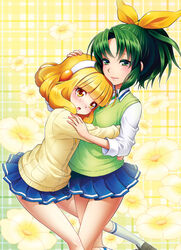  2girls :o bad_id bad_pixiv_id blonde_hair blush cardigan flower green_eyes green_hair green_sweater_vest hairband hand_on_another&#039;s_head hug lips midorikawa_nao multiple_girls nanairogaoka_middle_school_uniform photoshop_(medium) ponytail precure school_uniform short_hair skirt sleeves_rolled_up smile smile_precure sweater_vest white_hairband yayoi_kise yellow_eyes yuri yuu_(derodero) 