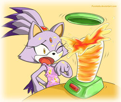  2008 anthro appliance apron blaze_the_cat blender_(machine) clothed clothing domestic_cat felid feline felis female kitchen_appliance mammal one_eye_closed puretails sega solo sonic_the_hedgehog_(series) yellow_eyes 