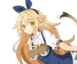  ascot blonde_hair blue_bow blue_dress blue_hairband bow closed_mouth commentary_request disgaea dress female hairband hairbow iwashi_dorobou_-r- liezerota_(disgaea) long_hair looking_at_viewer makai_senki_disgaea_5 pointy_ears smile solo tail upper_body white_ascot white_background yellow_eyes 