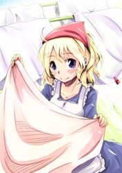  ahoge alice_margatroid apron blonde_hair blue_eyes blush commentary_request female head_scarf laundry mayuge_inu short_hair smile solo touhou 