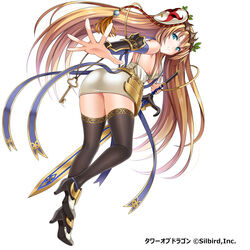  absurdres black_thighhighs blue_eyes breasts brown_hair commentary_request detached_sleeves female full_body hair_ornament highres holding holding_sword holding_weapon key long_hair looking_at_viewer medium_breasts sideboob simple_background smile solo sword thighhighs tower_of_dragon violetshit weapon white_background 